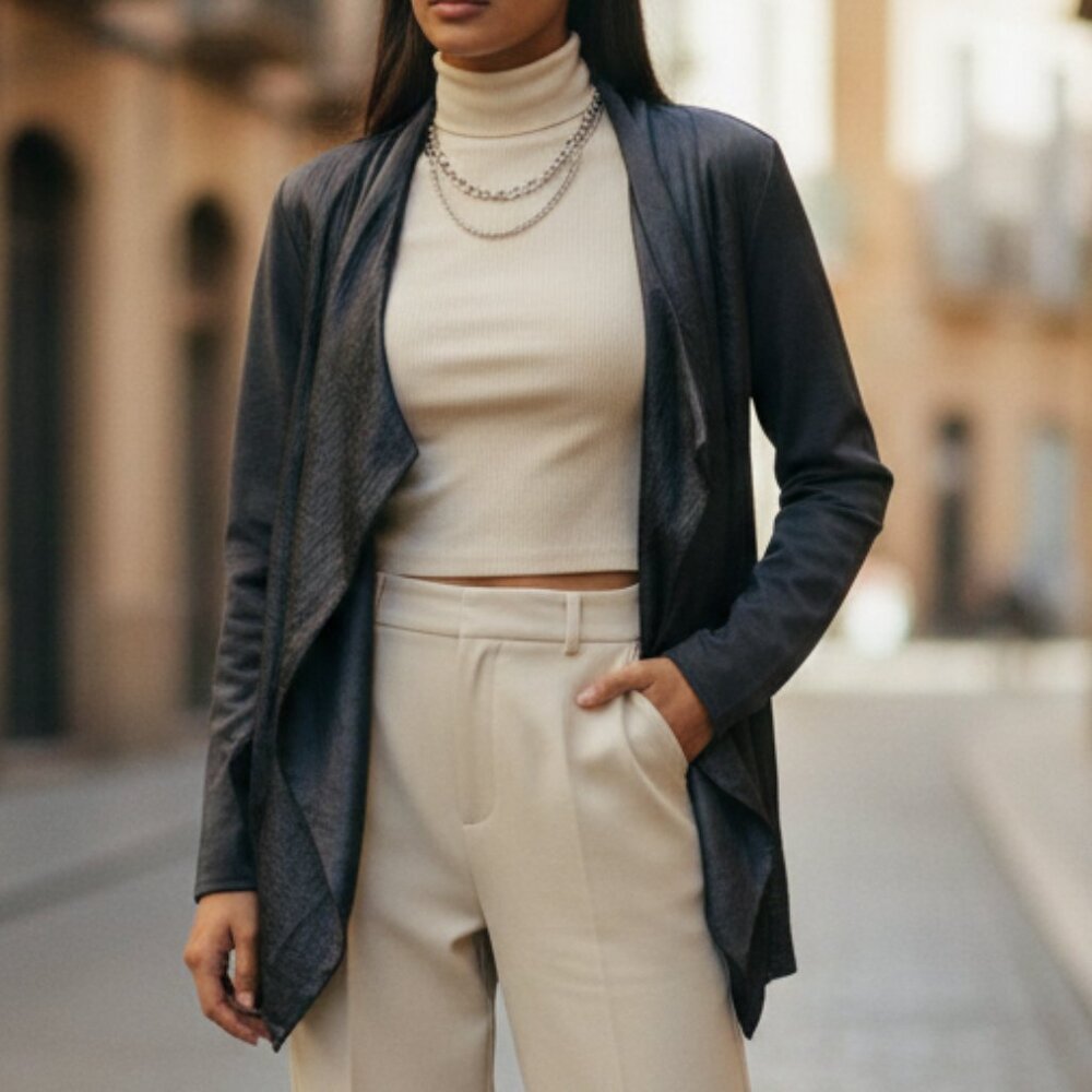 NEW Vivienne Tam drape front jacket cardigan navy blue sweatshirt pockets, small